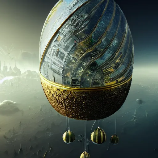 Image similar to enormous flying city in a faberge egg, sky, steampunk, fantasy art, masterpiece, hugh ferriss, octane render, peder balke