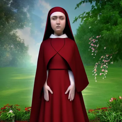 Image similar to young nun with light red long hair standing in a garden, 4k, detailed face, detailed body, detailed clothes, high details, 2d, art