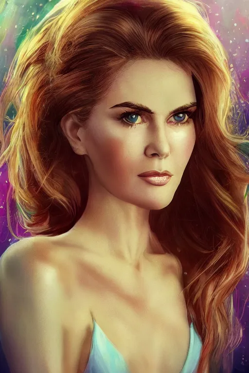 Prompt: mix of beautiful young maria shriver, mariel hemmingway, brooke shields, nicole kidman and elle macpherson as a mermaid, thin lips, hair tied up in a pony tail, darke blonde hair, colorful, artstation, cgsociety