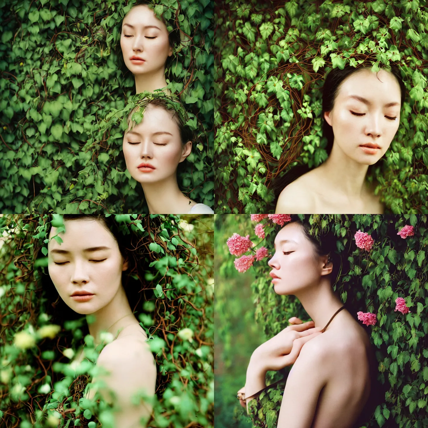 Prompt: An analog head and shoulder frontal face photography of a woman surrounded by big mssive flowers and vines and roots by Zhang Jingna. closed eyes. Kodak Portra 800 film. Depth of field. whirl bokeh. Sunshine. detailed. hq. realistic. warm light. muted colors. Moody. Filmic. Dreamy. lens flare. Leica M9, f/1.2, symmetrical balance, in-frame