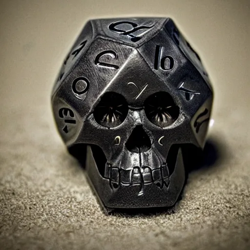 Prompt: d 2 0 merged with a skull, realistic photography, high detailed