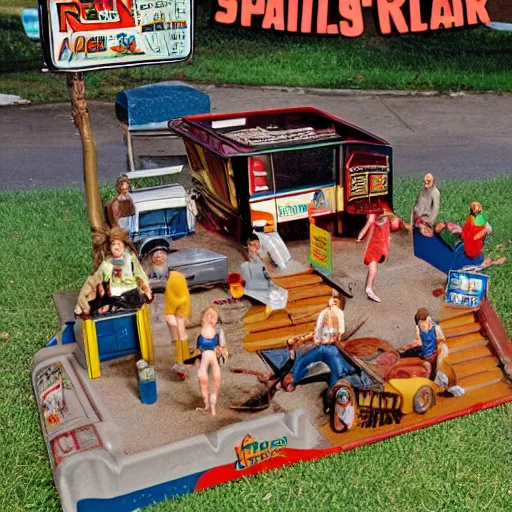 Image similar to 8 0's action figure playset of a trailer park with rednecks, realistic,