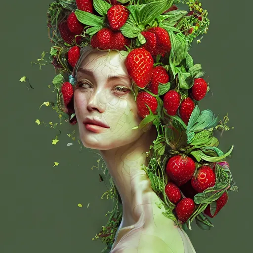 Prompt: the portrait of an absurdly beautiful, graceful, elegant, curvy woman made of strawberries and green petals, an ultrafine hyperdetailed illustration by kim jung gi, irakli nadar, intricate linework, bright colors, octopath traveler, final fantasy, angular, unreal engine 5 highly rendered, global illumination, radiant light, detailed and intricate environment