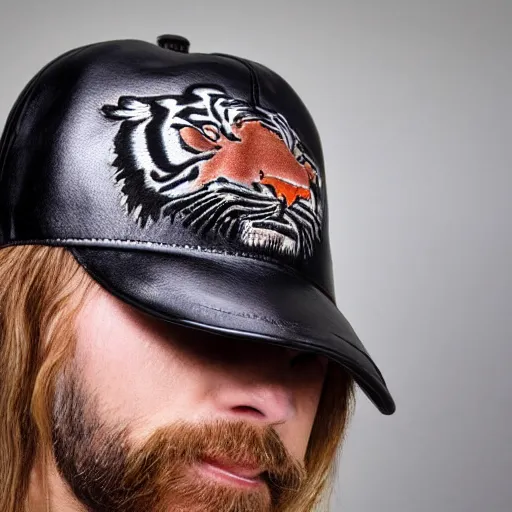 Prompt: leather patch hat tiger detail, realistic