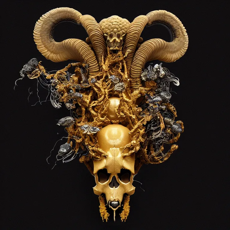 Image similar to black background. goddess princess face close-up portrait ram skull. sculpture made of gold and black charcoal. jellyfish phoenix head, nautilus, orchid, skull, betta fish, bioluminiscent creatures, intricate artwork by Tooth Wu and wlop and beeple. octane render, trending on artstation, greg rutkowski very coherent symmetrical artwork. cinematic, hyper realism, high detail, octane render, 8k