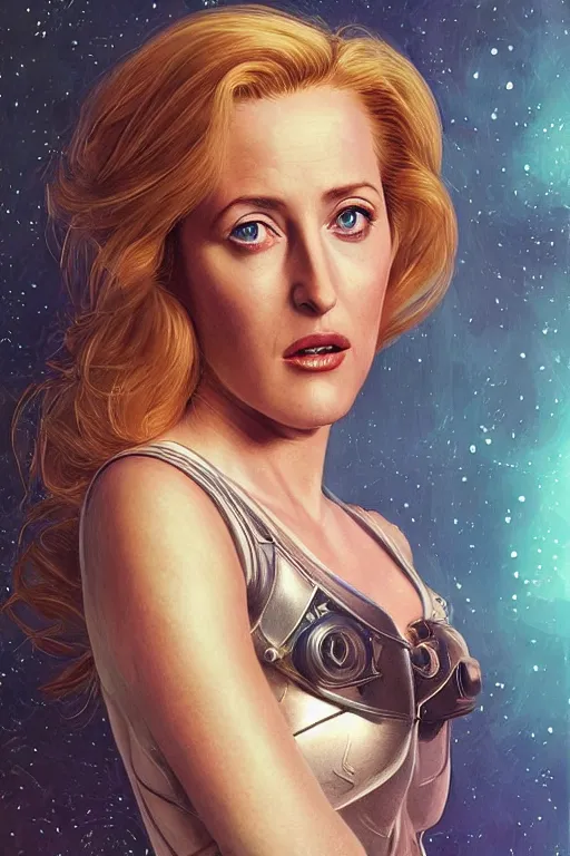 Image similar to young Gillian Anderson as a ruggedly beautiful retro SCI-FI heroine 1985 , intricate, elegant, highly detailed, centered, digital painting, artstation, concept art, smooth, sharp focus, illustration, art by artgerm and donato giancola and Joseph Christian Leyendecker, Ross Tran, WLOP