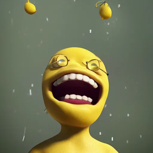 Image similar to a lemon in a back yard laughing happily at the mad scientists which are falling from the sky , made by Stanley Artgerm Lau, WLOP, Rossdraws, ArtStation, CGSociety, concept art, cgsociety, octane render, trending on artstation, artstationHD, artstationHQ, unreal engine, 4k, 8k,