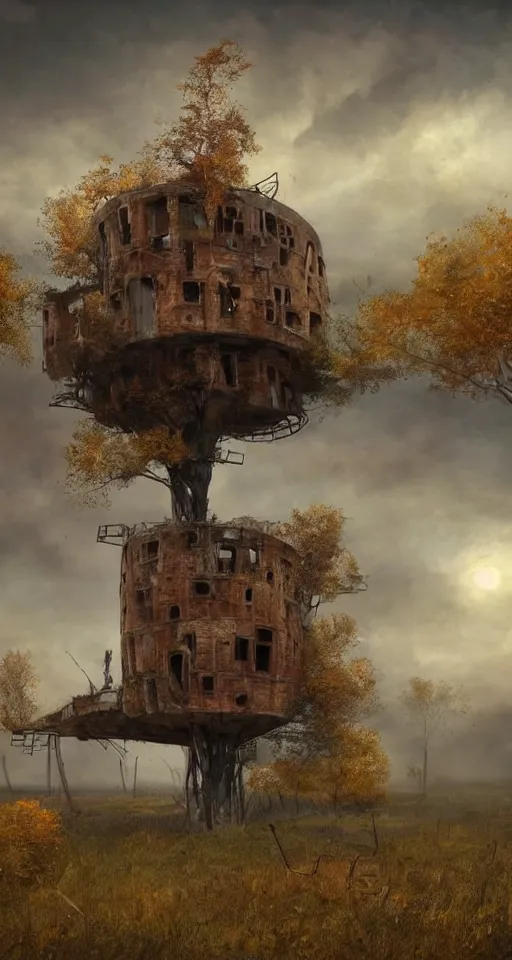 Image similar to tree house on a rusty broken building constructions of a giant upside - down spiral edgy staircase, leading to the sky, the ruins, in the steppe, autumn field, misty background, from the game pathologic 2, highly detailed, sharp focus, matte painting, by isaac levitan and asher brown durand,