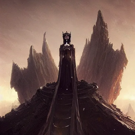 Prompt: of a beautiful black haired woman with pale skin and a crown on her head sitted on an intricate metal throne in eerie atmospheric alien worlds, epic cinematic matte painting, art by greg rutkowski