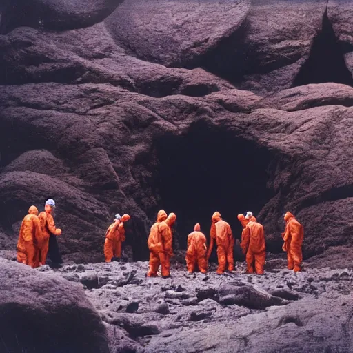 Image similar to wide - shot photo of a group of scientists in hazmat suits, studying a hell open rift portal, by shaun tan, codachrome, hellish, unsettling, otherworldly, smoke, machines, floating rocks, megalophobia, 8 k, hd, highly detailed,