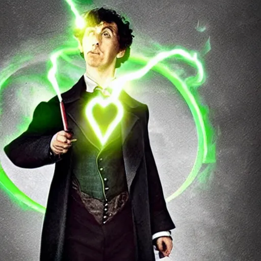 Prompt: Sherlock Holmes as a powerful Warlock, with green energy emanating from his eyes.