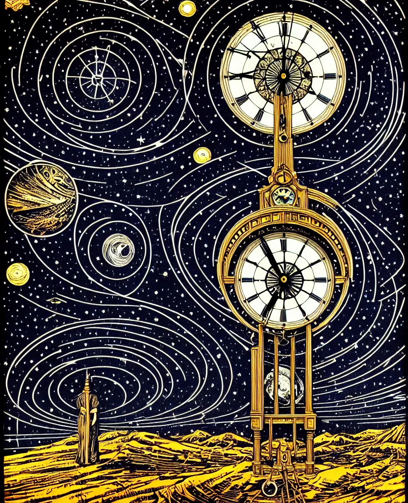 Image similar to majestic grandfather clock, round window looking out to the starry night sky, high details, intricately detailed, by vincent di fate, inking, 3 color screen print, masterpiece, trending on artstation,, sharp, details, hyper - detailed, hd, 4 k, 8 k