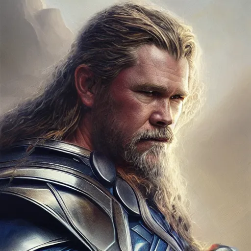 Image similar to A portrait of Josh Brolin as thor, Thor art, art by greg rutkowski, matte painting, trending on artstation