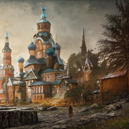 Image similar to photo ancient Slavic Russian city of Kitezh, concept art, painting by Viktor Vasnetsov, magical city, fantasy cityscape, ancient Slavs, wooden buildings, ancient Russian architecture, terem, hyperborea, top cinematic lighting , cinematic mood, very detailed, 8k, high resolution