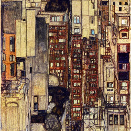 Image similar to scientific illustration of san francisco, egon schiele portrait style