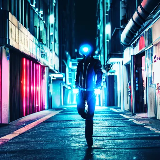 Prompt: cyberpunk robot walking alone down a deserted city street, neon lights, blue and pink lighting, Nikon 50mm camera,