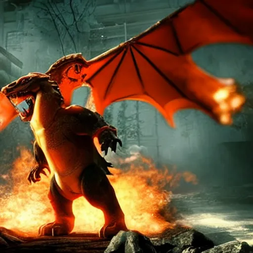 Image similar to Charizard in gears of war, splash art, movie still, detailed face, photorealistic facial features, cinematic lighting, dramatic, octane render, long lens, shallow depth of field, bokeh, anamorphic lens flare, 8k, hyper detailed, 35mm film grain