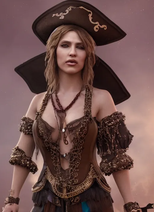 Image similar to detailed full body concept of a famous actress dressed as a pirate, beautiful face, elegant pose, fantasy, illustration, insanely detailed and intricate clothing, octane render, 4k