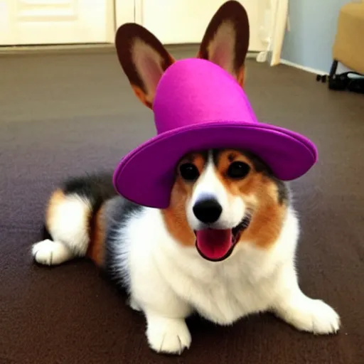 Image similar to a corgi wearing a purple party hat and a red bowtie