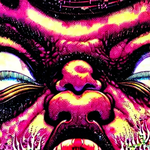 Image similar to closeup of face melting and tongues, by yoichi hatakenaka, masamune shirow, josan gonzales and dan mumford, ayami kojima, takato yamamoto, karol bak