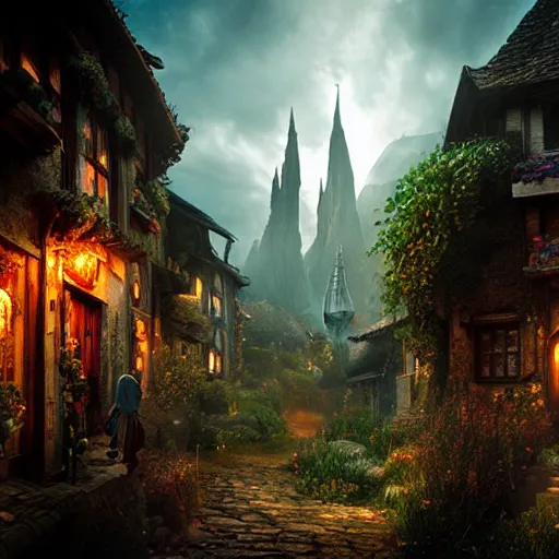 Image similar to the dark tower - the hobbit - j. r. r. tolkien - a medieval village in switzerland, ornate, beautiful, atmosphere, vibe, flowers, concept art illustration, greg rutowski, volumetric lighting, sunbeams, particles