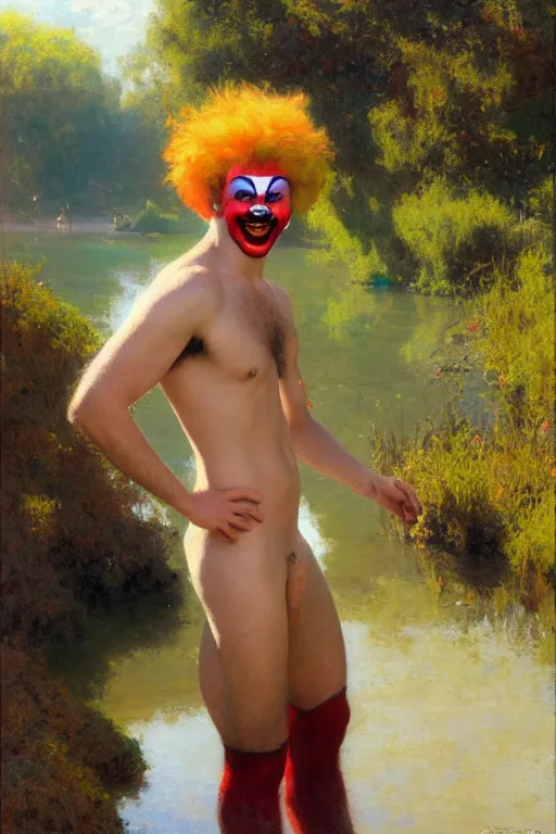 Image similar to attractive man by a river, bright sunlight, oil covered skin, wearing a clown wig and clown makeup, painting by gaston bussiere, craig mullins