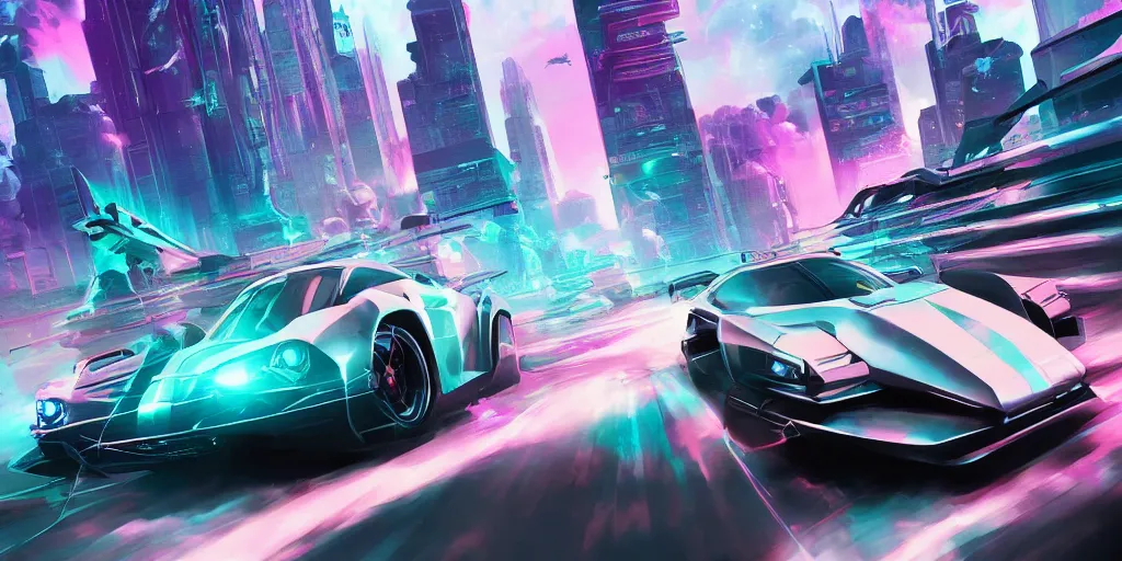 Prompt: high octane car chase, futuristic, sci - fi, vaporwave, wide shot, digital art, detailed