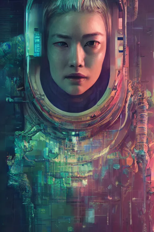 Image similar to hyperrealistic portrait of a woman monster astronaut, full body portrait, well lit, intricate abstract. cyberpunk, intricate artwork, by Tooth Wu, wlop, beeple. octane render,in the style of Jin Kagetsu, James Jean and wlop, highly detailed, sharp focus, intricate concept art, digital painting, ambient lighting, 4k, artstation