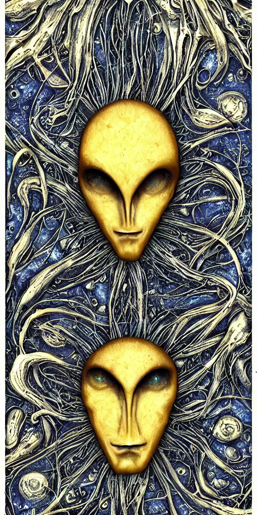 Image similar to a tarot card of an alien face made of water texture, incredible highly detailed digital paiting, epic lighting, highly detailed symbols as frames of the card