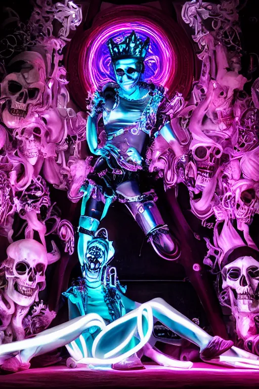 Image similar to full-body rococo and cyberpunk style neon statue of a young attractive Tanner Buchanan wearing cholo shades macho android sim roupa reclining con las piernas abertas, glowing white lasers, glowing eyes, white prince crown, black gears, diamonds, swirling mint-colored silk fabric. futuristic elements. full-length view. human skulls. large intricate artwork by caravaggio. Trending on artstation, octane render, cinematic lighting from the right, hyper realism, octane render, 8k, depth of field, 3D