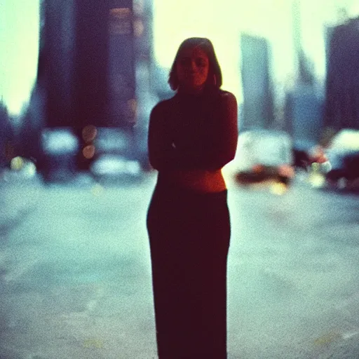 Prompt: A gorgeous woman’s face shattered, blurred city background, captured in low light, cinestill 800t