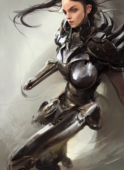 Image similar to a professional photographic portrait of a beautiful young female, clothed in battle armor, exposed waist, olive skin, long dark hair, beautiful bone structure, symmetrical facial features, intricate, elegant, digital painting, concept art, smooth, sharp focus, illustration, beautifully framed, from Metal Gear, by Ruan Jia and Mandy Jurgens and Artgerm and William-Adolphe Bouguerea