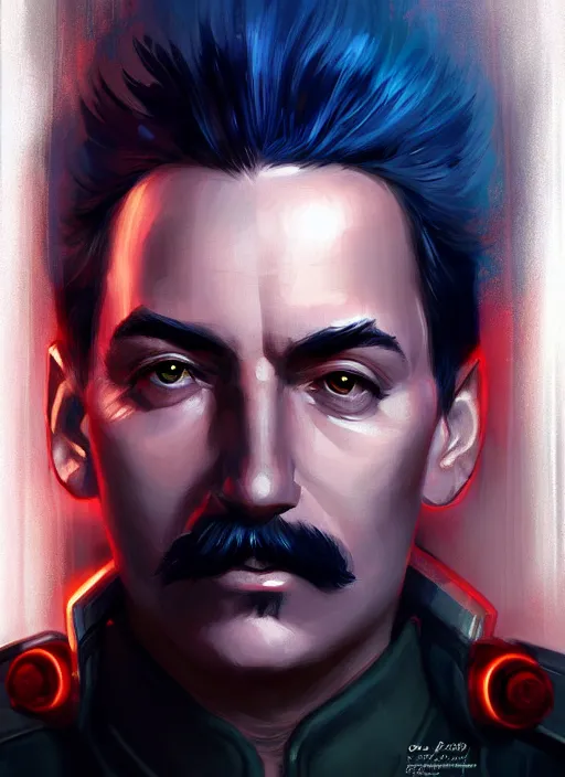 Image similar to « a portrait o cyberpunk joseph stalin, glowing eyes, a digital painting by charlie bowater, featured on cgsociety, fantasy art, behance hd, wiccan, artstation hd »