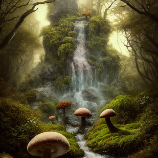 Prompt: tom bagshaw, soft painting render curiosities pond vegetation rocks gigantic mushrooms covered moss scintillating, beautiful waterfall, accurate features, focus, very intricate ultrafine details, random volumetric lighting, dense fog, award winning masterpiece, octane render 8 k hd, artstation