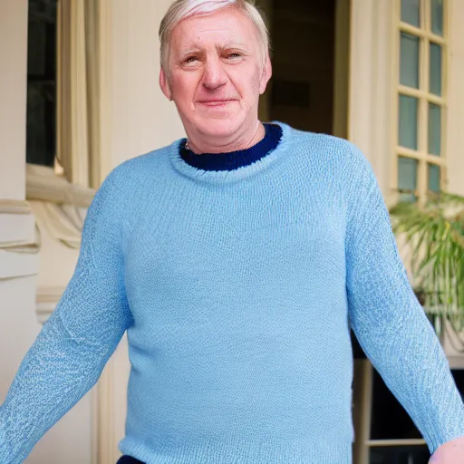 Image similar to man wearing a blue sweater and a white sash