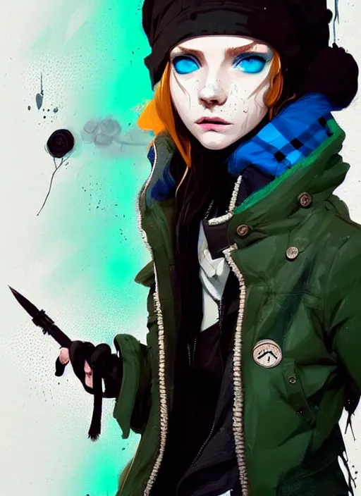 Image similar to highly detailed portrait of a sewer punk lady student, blue eyes, burberry hoody, hat, white hair by atey ghailan, by greg rutkowski, by greg tocchini, by kaethe butcher, gradient green, black, brown, cream and blue color scheme, grunge aesthetic!!! ( ( graffiti tag wall flat colour background ) )