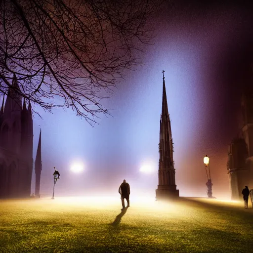 Prompt: zombies in front of gothic cathedral, fog, crepuscular, martian volumetric lights