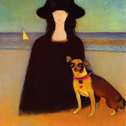 Image similar to a woman and her black and brown chihuahua by the sea by odilon redon