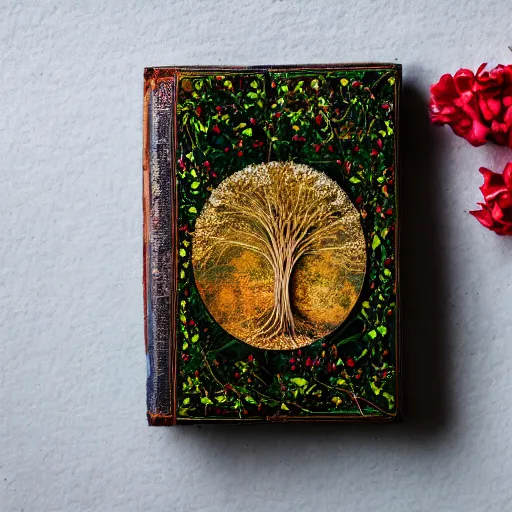 Image similar to high quality studio photography of Bible with a tree of beautiful leaves and flowers growing out of it, tree of life, solid background