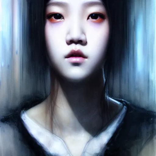 Prompt: jisoo of blackpink, hyperrealistic portrait, bladerunner street, by karol bak and agnes cecile, fantasy art, photo realistic, dynamic lighting, artstation, poster, volumetric lighting, very detailed face, intricate complexity, rule of thirds, 8 k, award winning, unreal engine