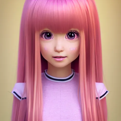 Image similar to A portrait of Nikki from Shining Nikki and Love Nikki, a cute 3d cgi toon young woman with long light pink hair, full bangs, hazel eyes, full round face, light makeup, pale skin, Chinese heritage, in the center midground, medium shot, mid-shot, hyperdetailed, 8k, trending on artstation, as a Pixar character