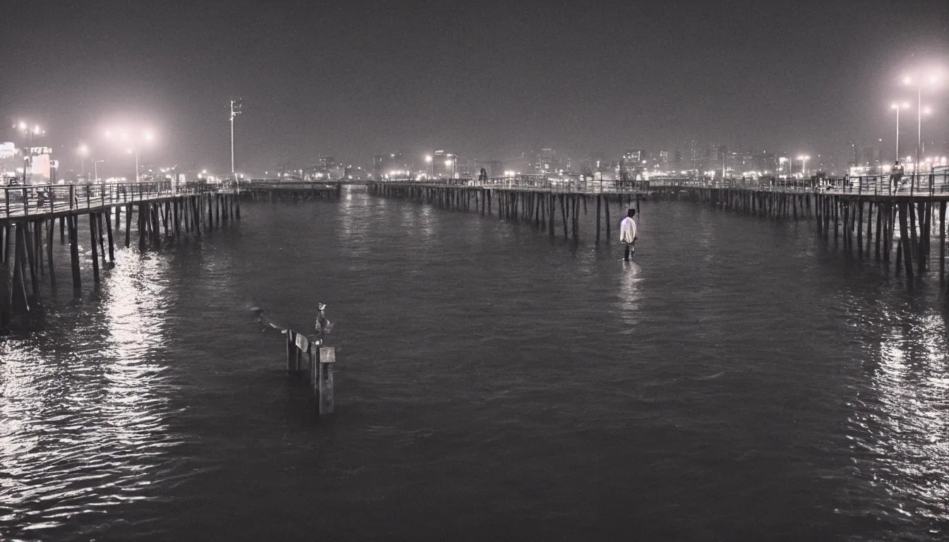 Image similar to 80s asian neon movie still with a lone man fishing on a pier by the river at night with city lights behind his back. Fallen angels movie still. hyperrealistic, photorealistic, high definition, medium format photography, highly detailed, tehnicolor, anamorphic 50mm lens