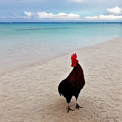 Prompt: a photograph of a rooster standing on a beautiful white sand Philippines beach