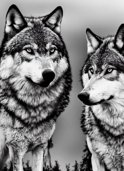 Image similar to two wolves black and white portrait white sky in background