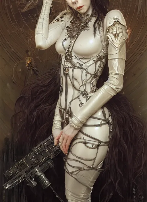 Image similar to portrait of beautiful pale gothic maiden in latex, warhammer 40000, cyberpunk, intricate, elegant, highly detailed, digital painting, artstation, concept art, smooth, sharp focus, illustration, art by artgerm and greg rutkowski and alphonse mucha and Gustav Klimt