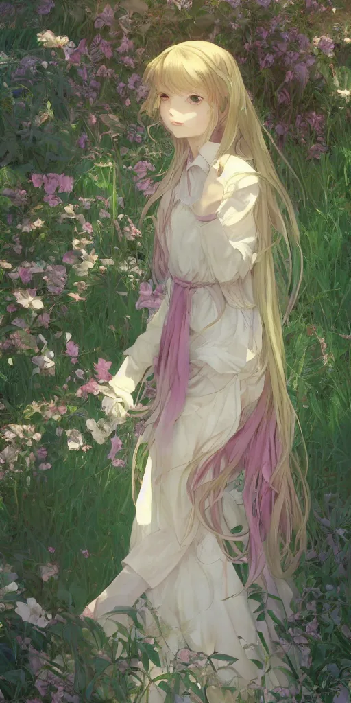 Image similar to a digital art of a loli with long hair in a dress in the privet garden at after noon, green and warm theme, back lighting, by krenz cushart and mucha and akihito yoshida and greg rutkowski and makoto shinkai, graphic design, extremely long shot, detailed eyes, 4 k resolution, trending on art station