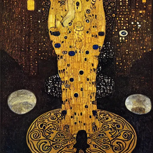 Prompt: a majestic portrait of the king in yellow, in front of a fantasy city, with black suns in the sky, Gustav Klimt, intricate, dark colors, art nouveau