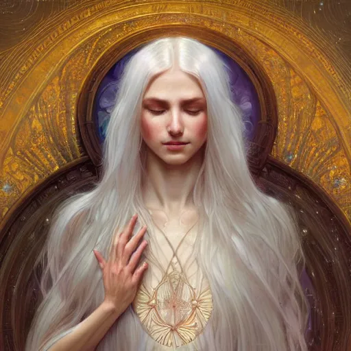 Prompt: goddess, white hair, long hair, hands spread out, accepting prayers, intricate, elegant, ethereal, highly detailed, digital painting, artstation, concept art, smooth, sharp focus, illustration, art by artgerm and greg rutkowski and alphonse mucha