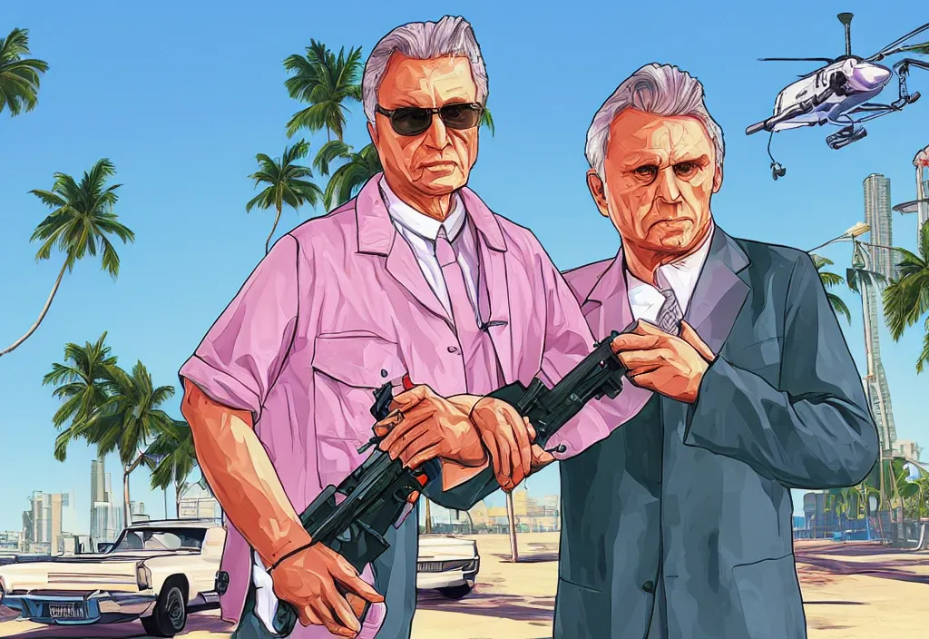 Prompt: josef ratzinger in grand theft auto loading screen, gta art style, illustration, beach, miami, vice city