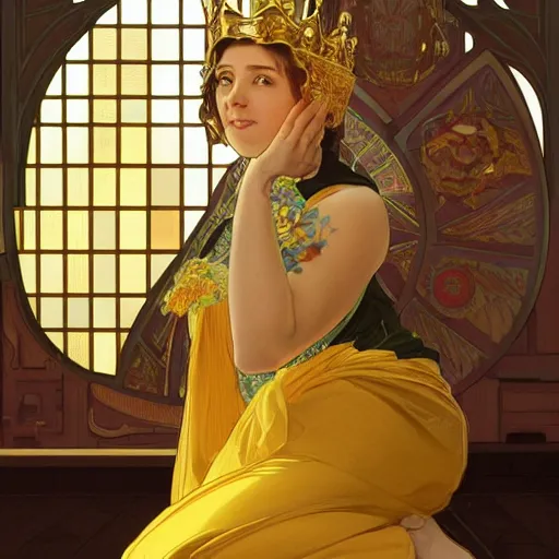 Image similar to condescension of a proud queen to a servant kneeling before her, yellow eyes, sitting in a chair while posing for a photo, highly detailed, digital painting, artstation, smooth, sharp focus, illustration, art by artgerm and alphonse mucha, high definition digital art, in the style of ilya kuvshinov and Ross tran